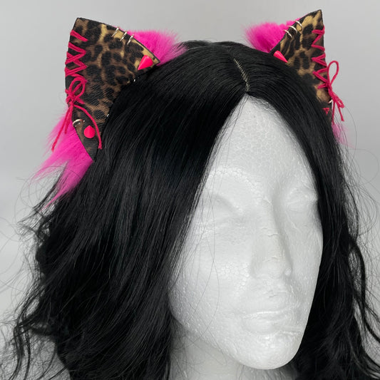 Leather & Laced- Hot Pink Cheetah Kitten Ears (Pleather & Fur)