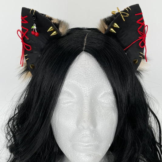 Leather & Laced- Cherry Cheetah Cat Ears (Pleather & Fur)
