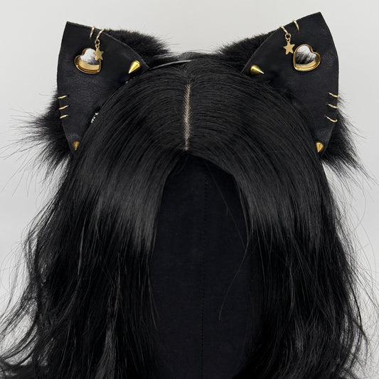 Black & Gold Punk Kitten Ears (Faux leather & fur)