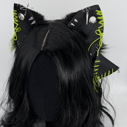 Leather & Laced- Black & Lime Cat Ears (Faux leather & fur)
