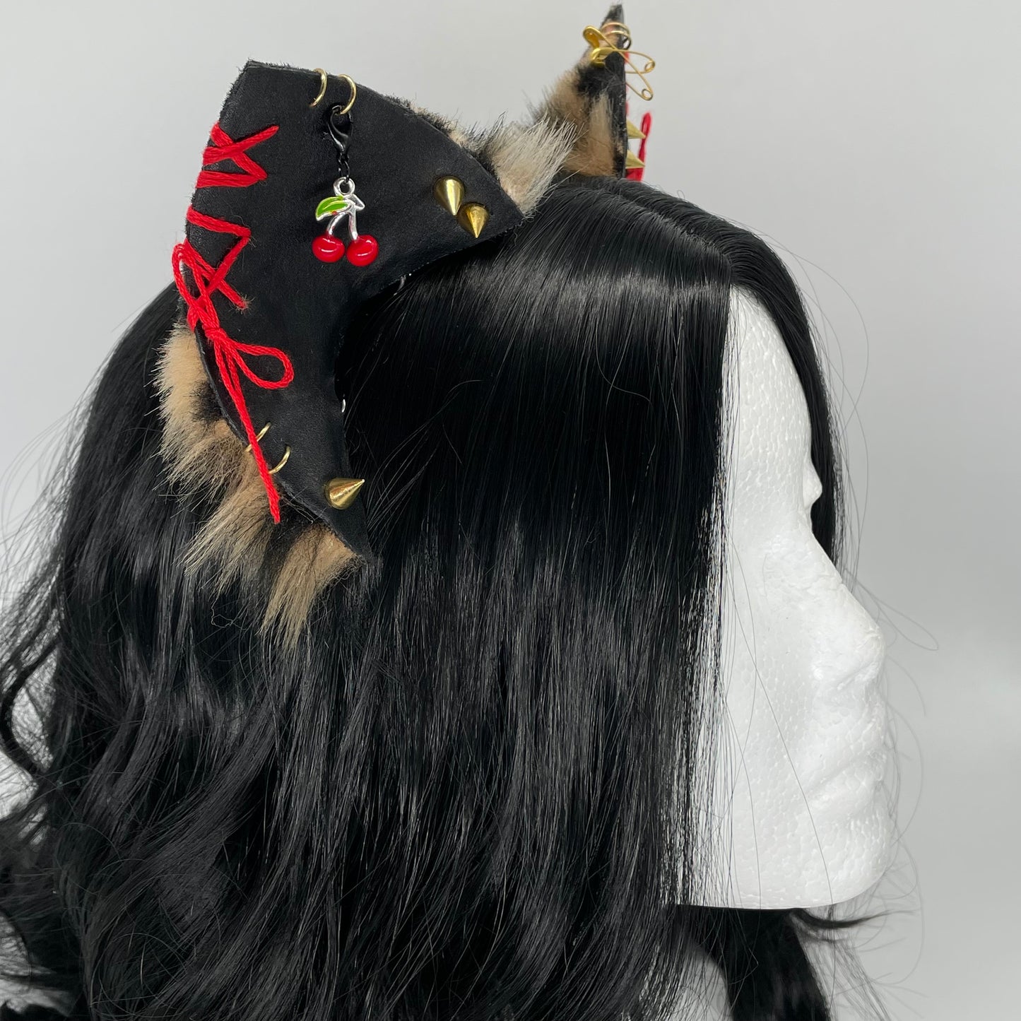Leather & Laced- Cherry Cheetah Cat Ears (Pleather & Fur)