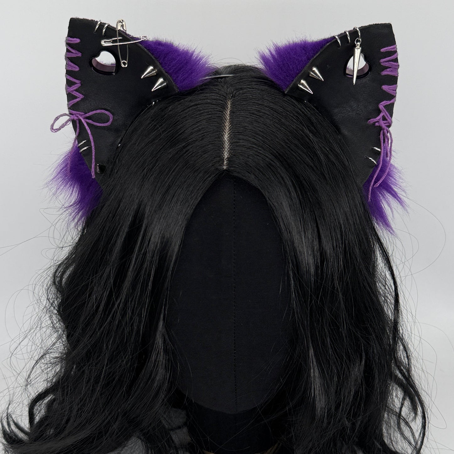 Leather & Laced- Black & Purple Cat Ears (Faux leather & fur)