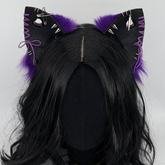 Leather & Laced- Black & Purple Cat Ears (Faux leather & fur)