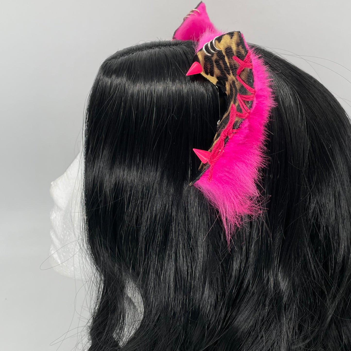 Leather & Laced- Hot Pink Cheetah Kitten Ears (Pleather & Fur)