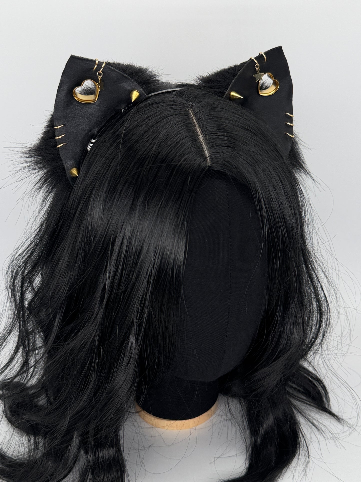 Black & Gold Punk Kitten Ears (Faux leather & fur)