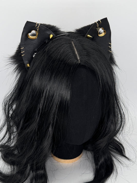 Black & Gold Punk Kitten Ears (Faux leather & fur)