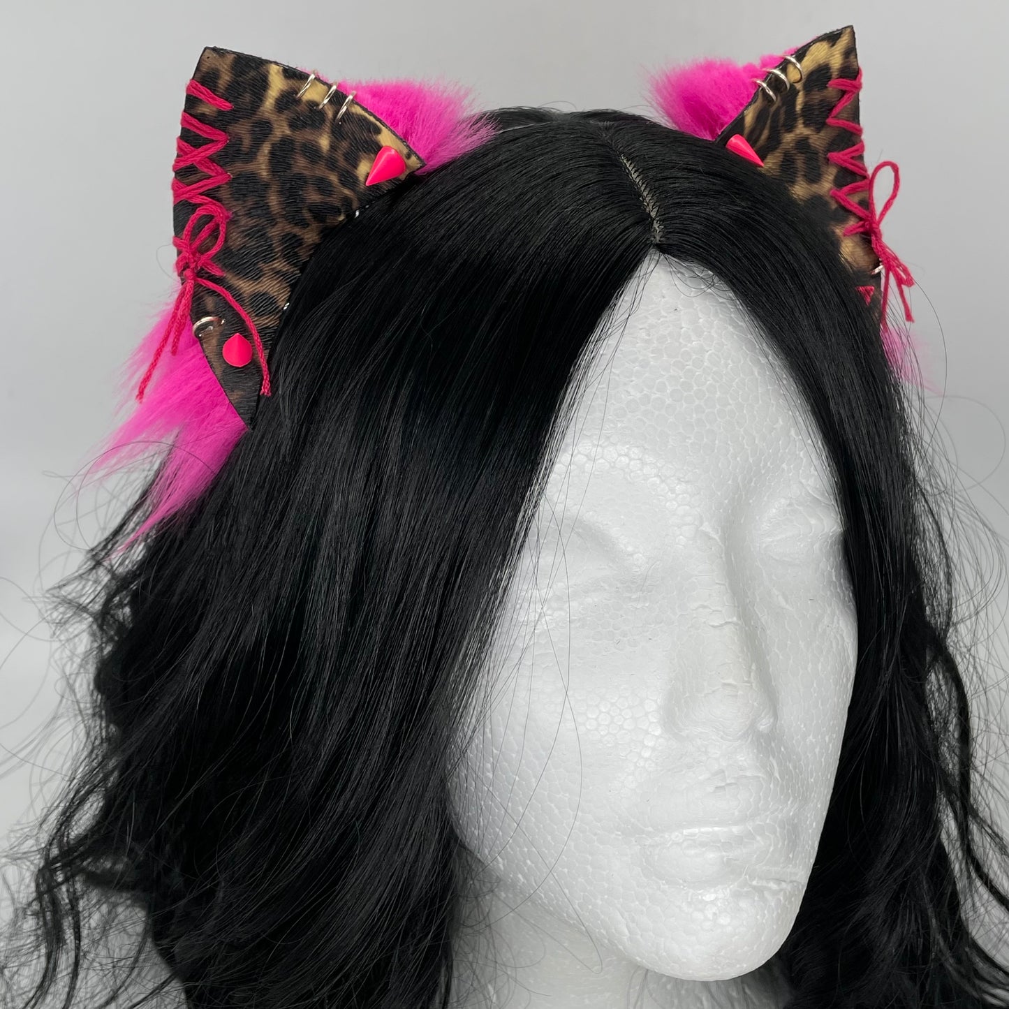 Leather & Laced- Hot Pink Cheetah Kitten Ears (Pleather & Fur)
