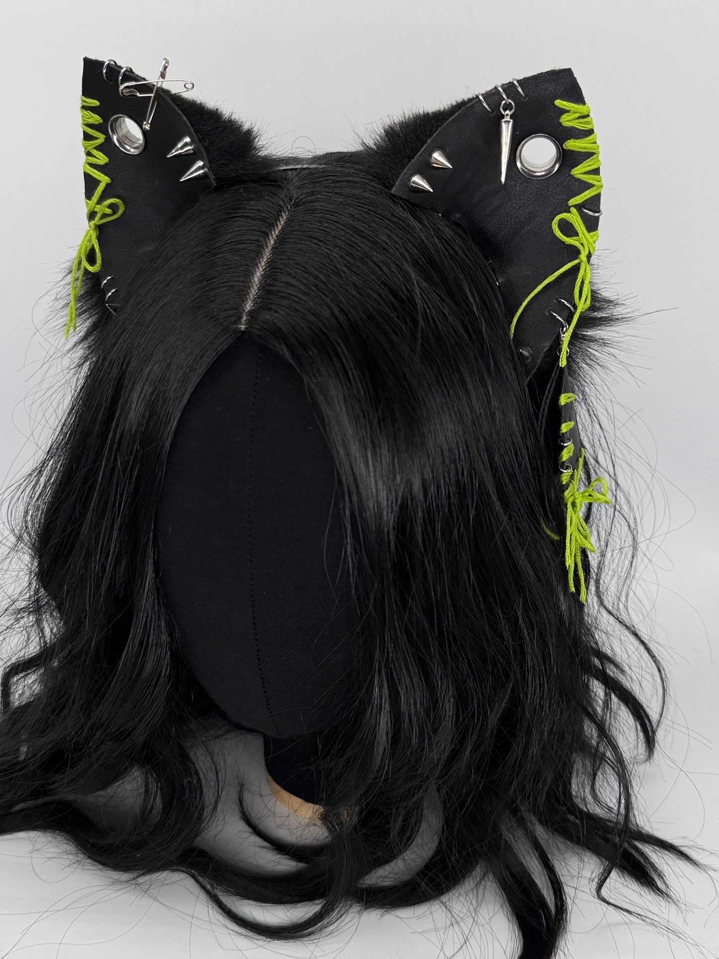 Leather & Laced- Black & Lime Cat Ears (Faux leather & fur)