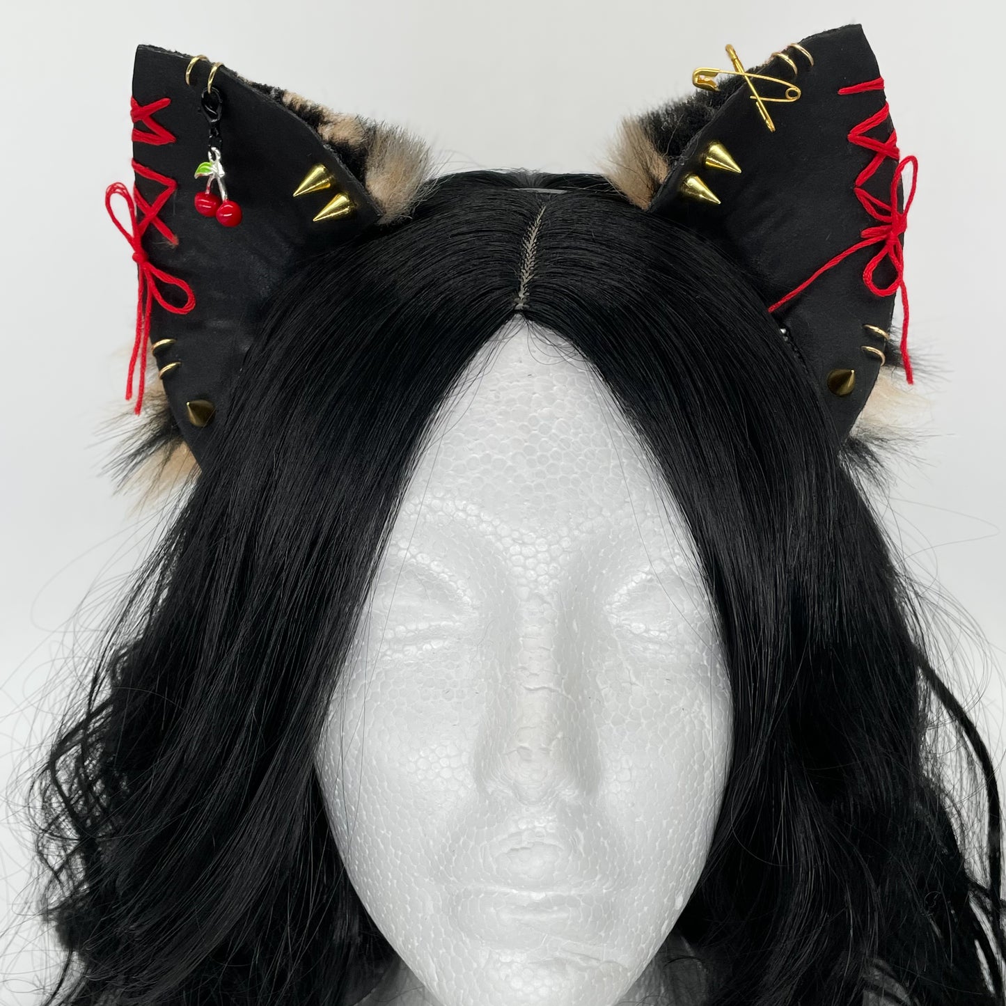 Leather & Laced- Cherry Cheetah Cat Ears (Pleather & Fur)