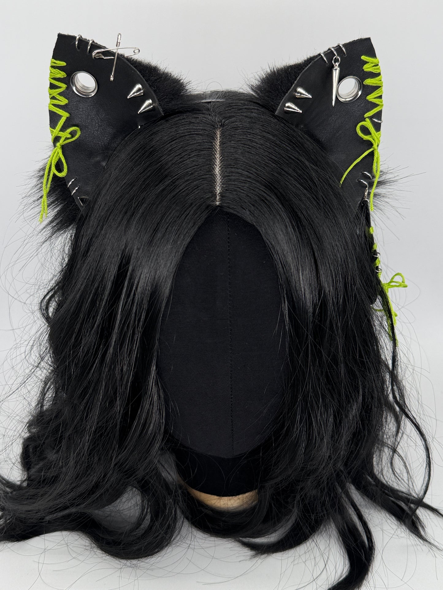 Leather & Laced- Black & Lime Cat Ears (Faux leather & fur)