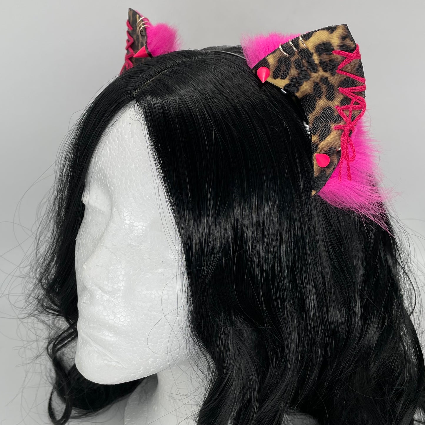 Leather & Laced- Hot Pink Cheetah Kitten Ears (Pleather & Fur)