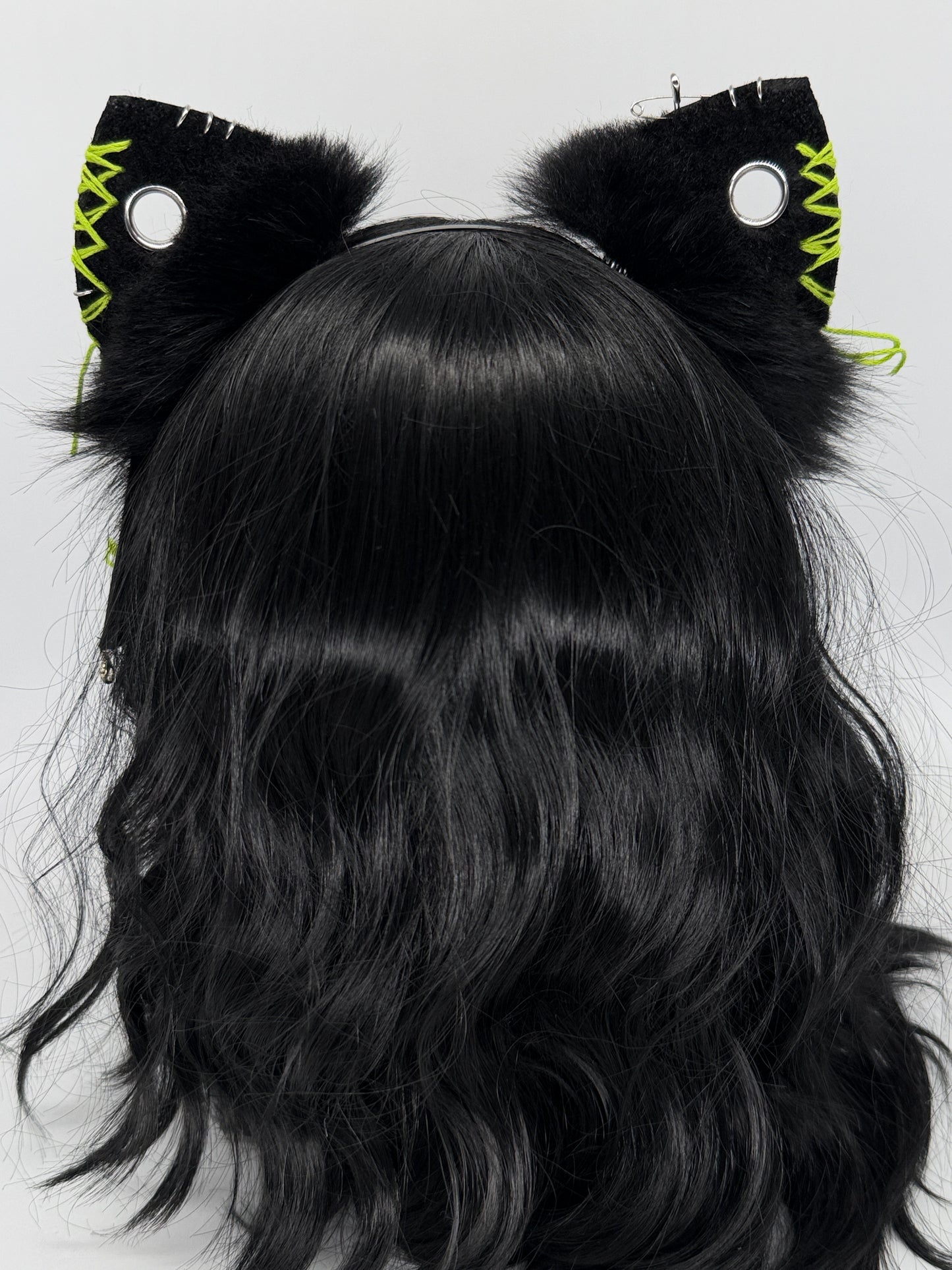 Leather & Laced- Black & Lime Cat Ears (Faux leather & fur)