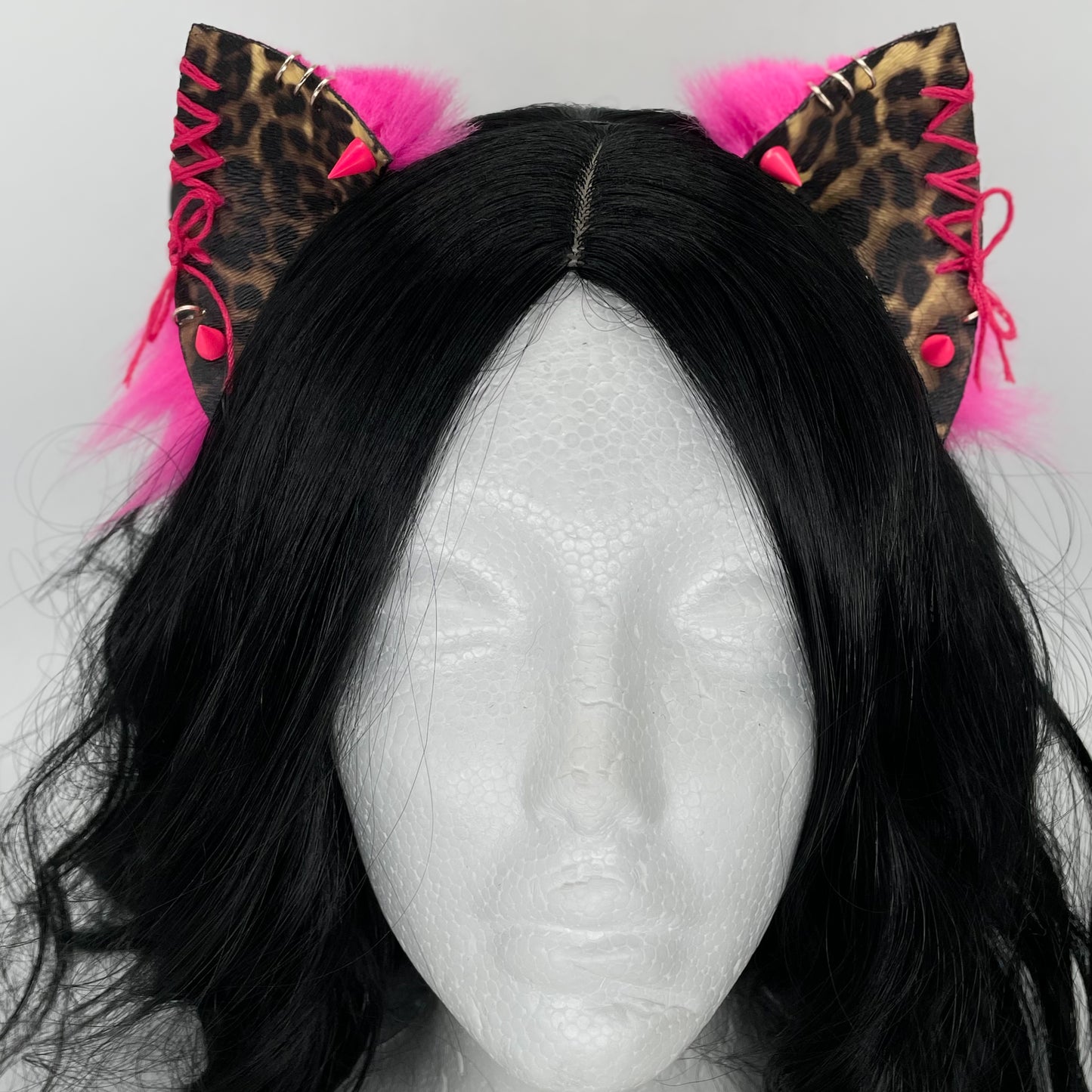 Leather & Laced- Hot Pink Cheetah Kitten Ears (Pleather & Fur)