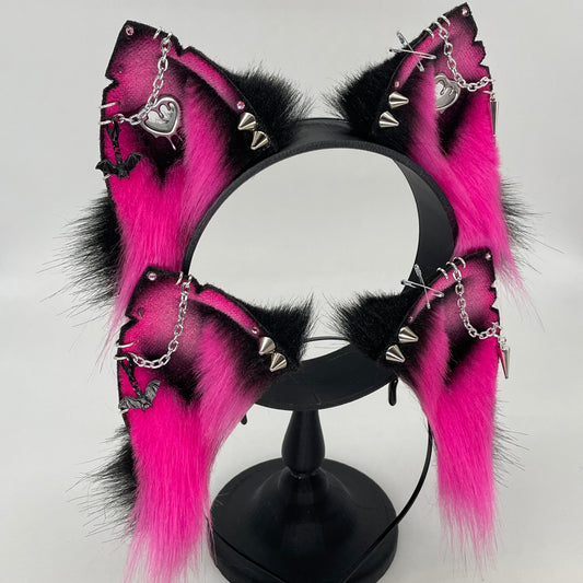 Punk Cat ears- Hot Pink & Black