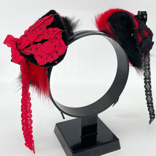 Lace Corset Puppy Ears- Black & Red