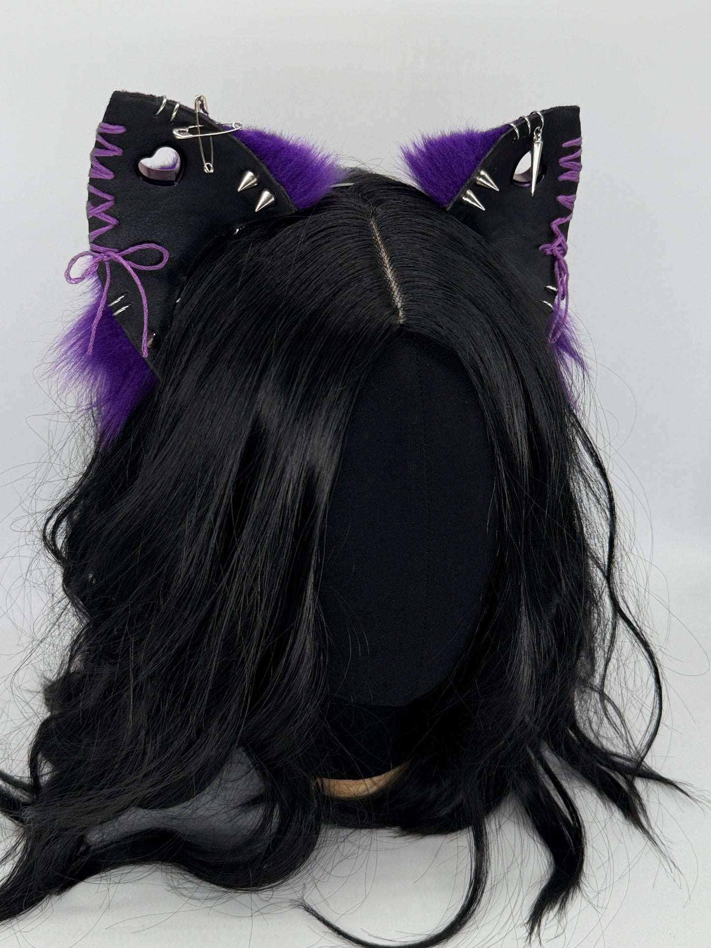 Leather & Laced- Black & Purple Cat Ears (Faux leather & fur)