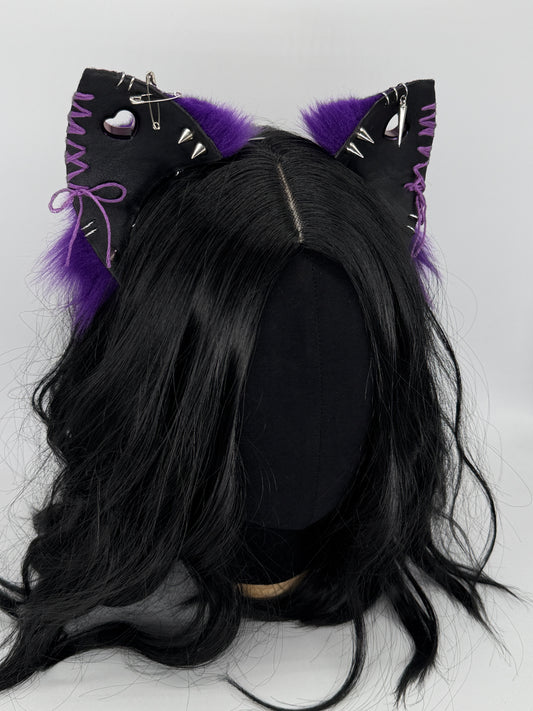 Leather & Laced- Black & Purple Cat Ears (Faux leather & fur)