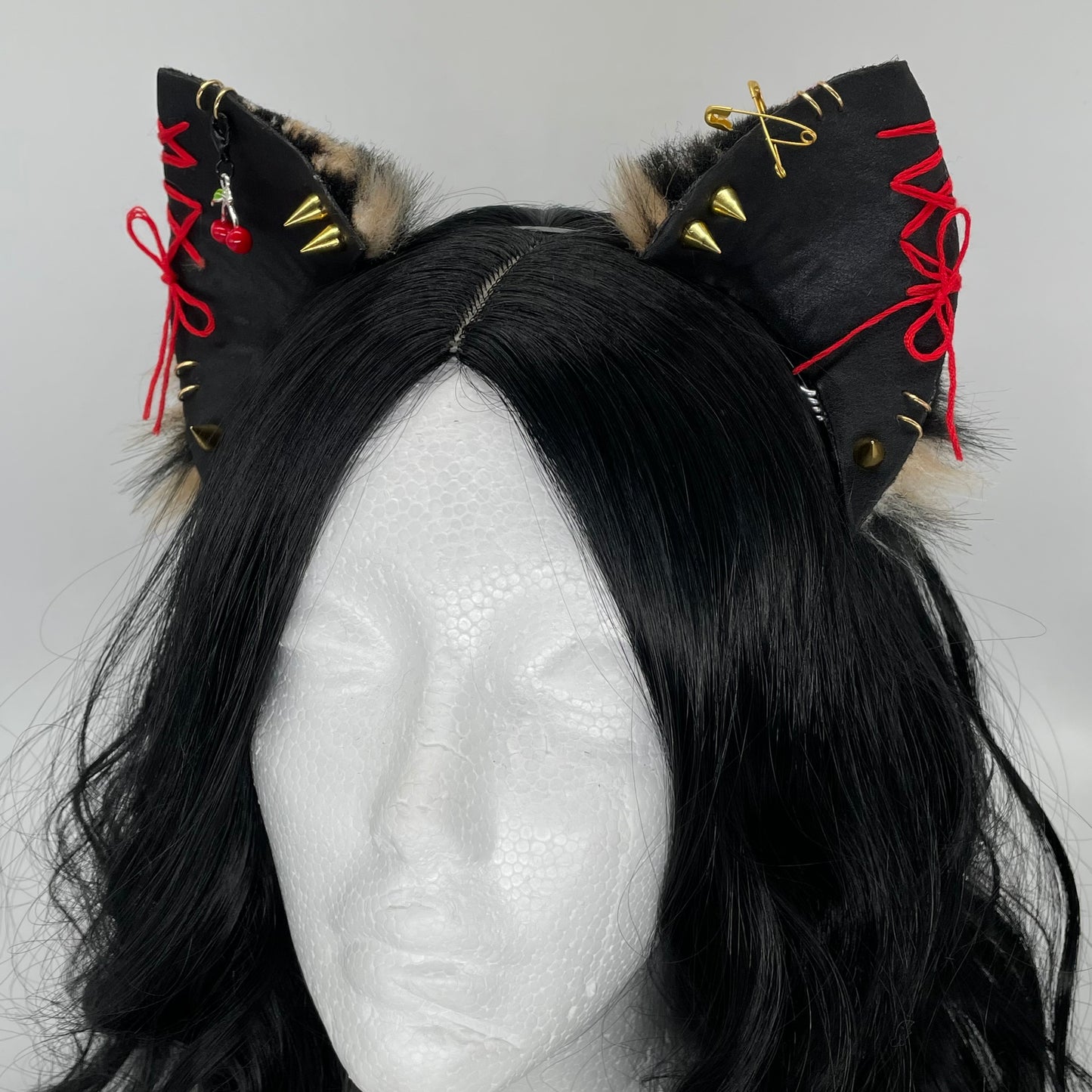 Leather & Laced- Cherry Cheetah Cat Ears (Pleather & Fur)