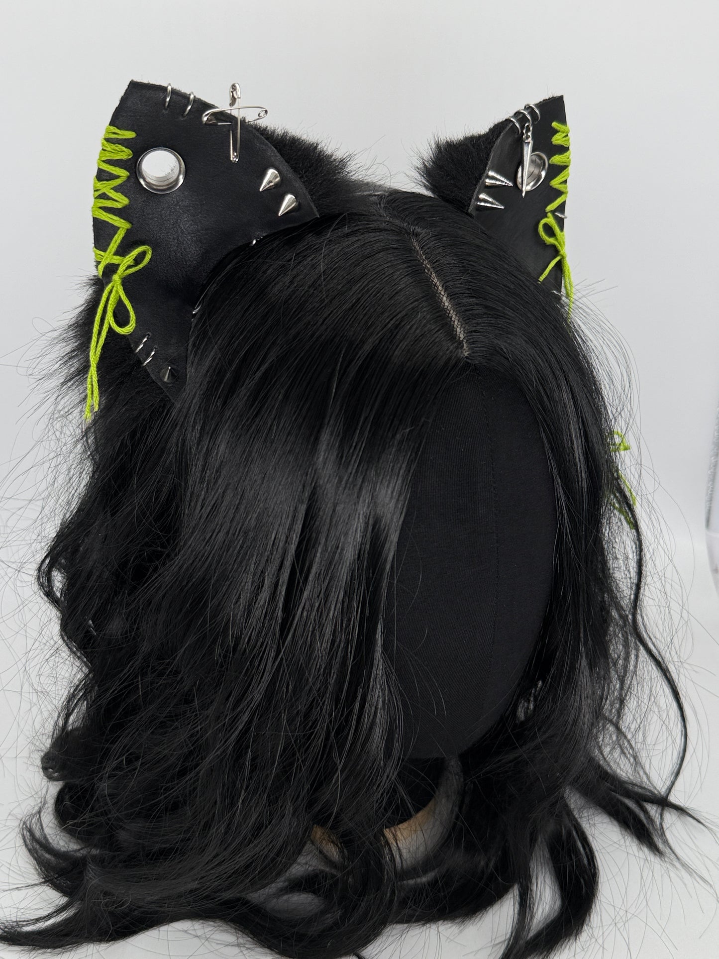 Leather & Laced- Black & Lime Cat Ears (Faux leather & fur)