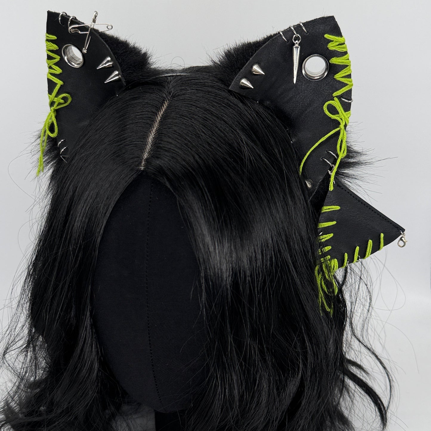 Leather & Laced- Black & Lime Cat Ears (Faux leather & fur)