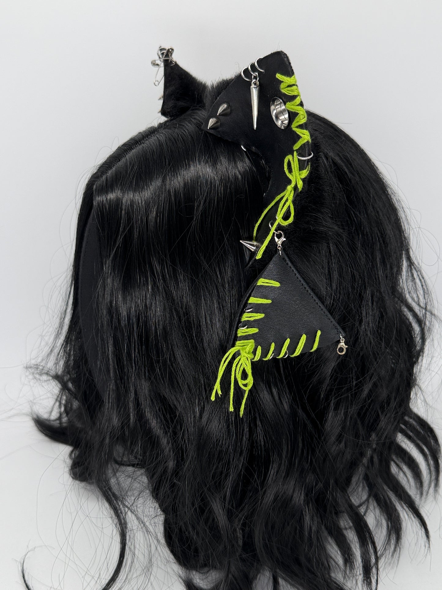 Leather & Laced- Black & Lime Cat Ears (Faux leather & fur)