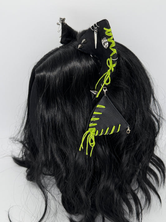 Leather & Laced- Black & Lime Cat Ears (Faux leather & fur)