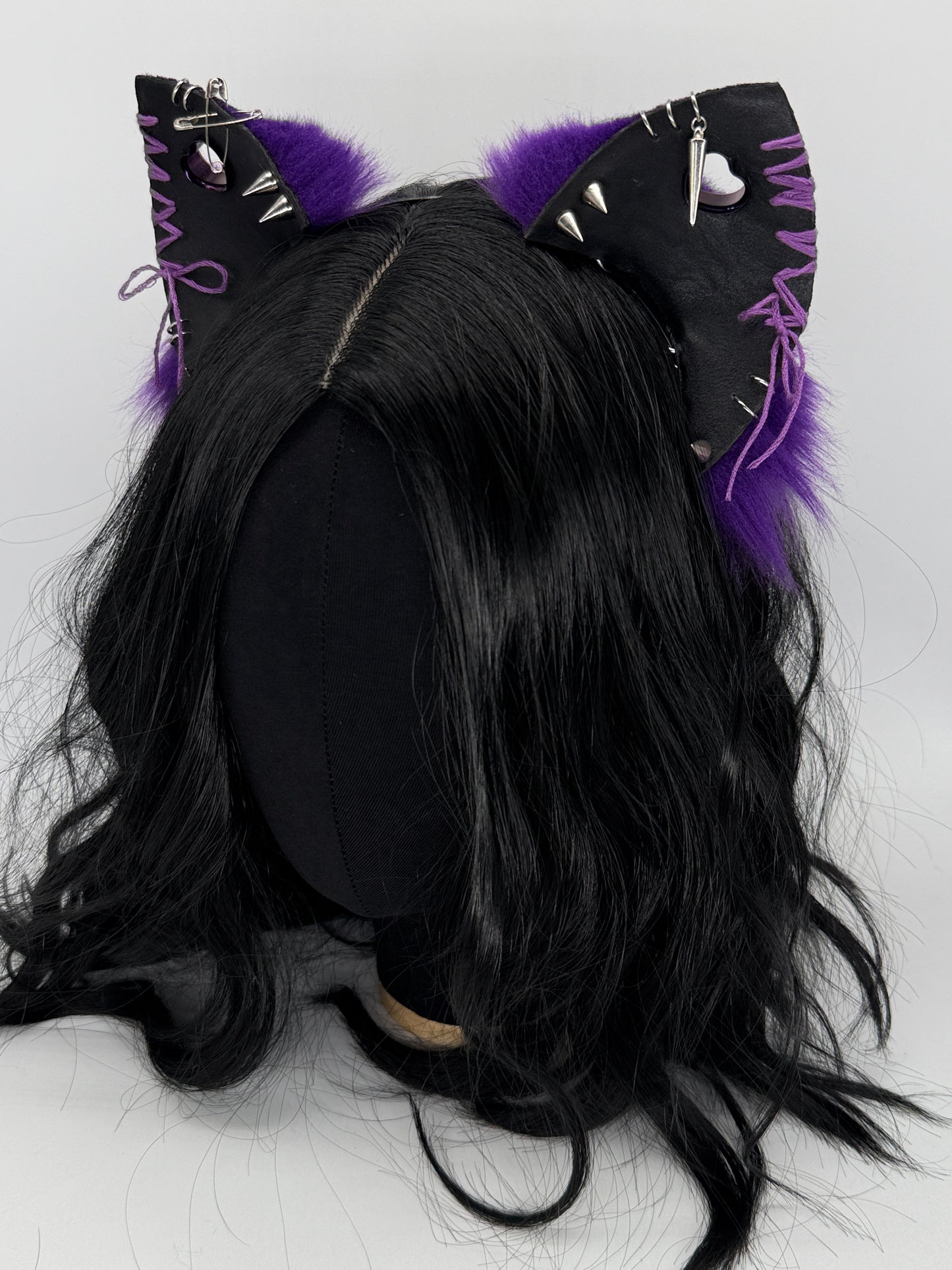 Leather & Laced- Black & Purple Cat Ears (Faux leather & fur)